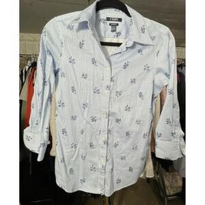 Women's Chaps Blue & White Striped Floral Button Down Shirt Size S
